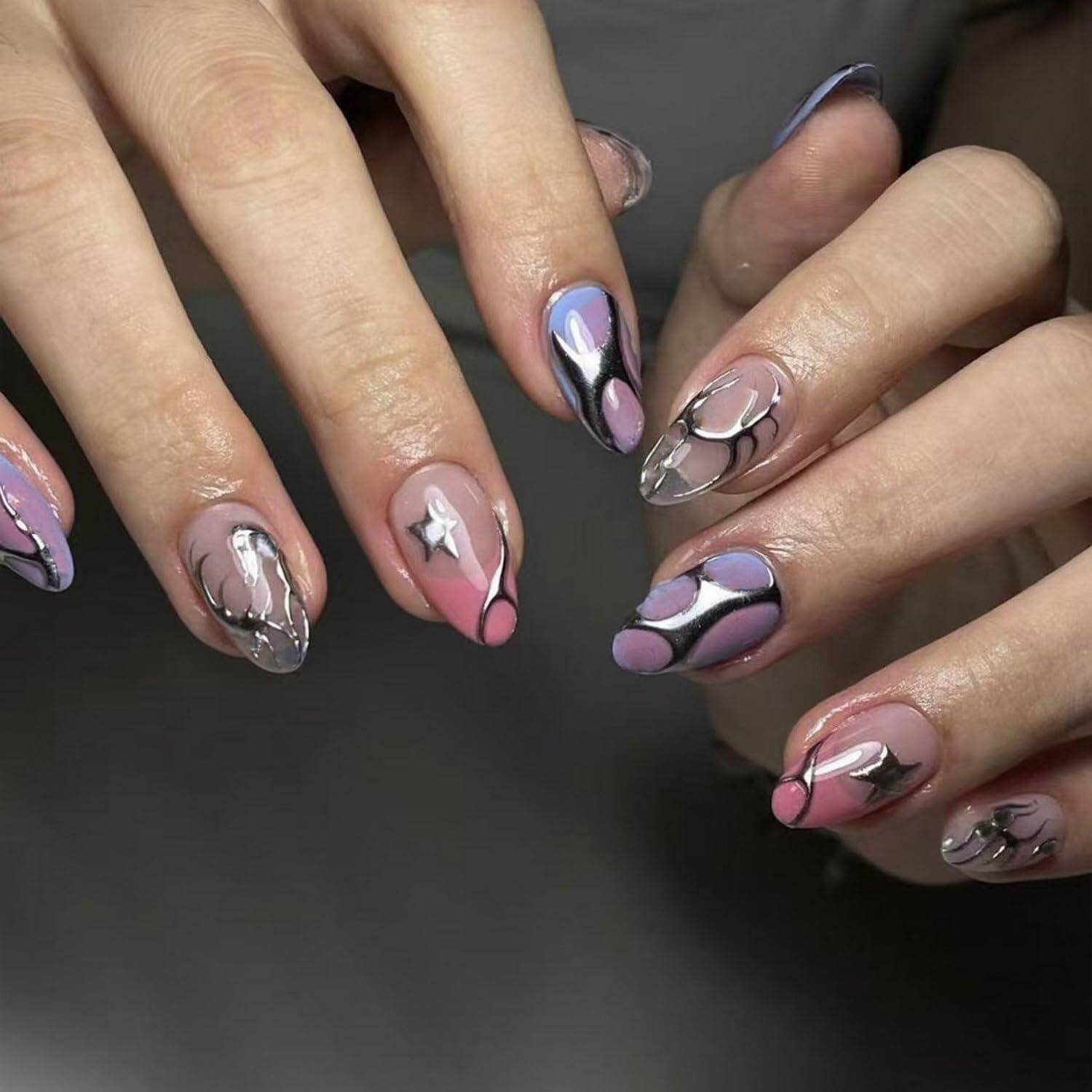 Summer Press On Nails Medium Almond Nude Pink Silver Star Rhinestones 24 Pc