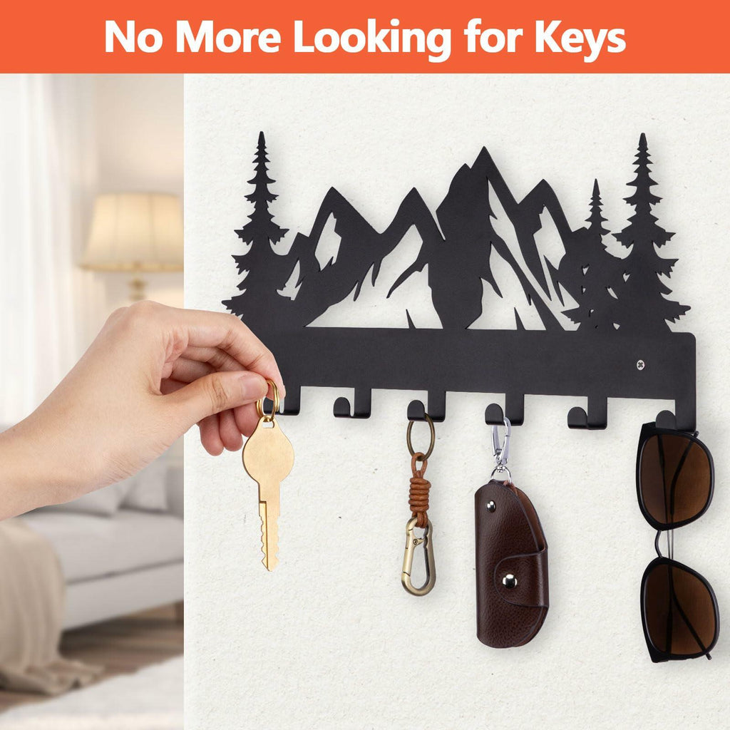FIPUTE Metal Wall Key Holder with 7 Hooks Black Organizer Rack
