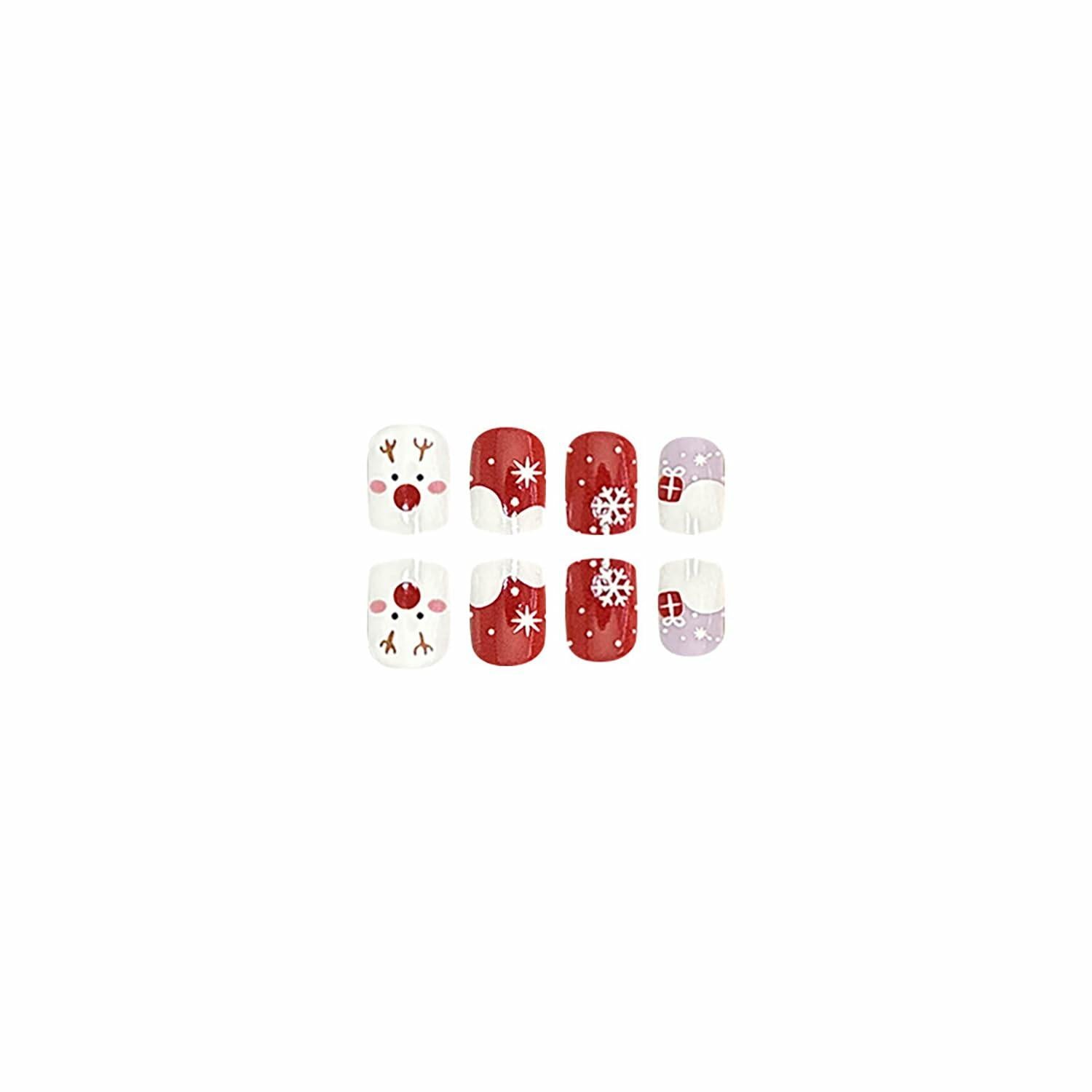 24 Pcs Christmas Press On Nails Short Square Red Acrylic False Nails