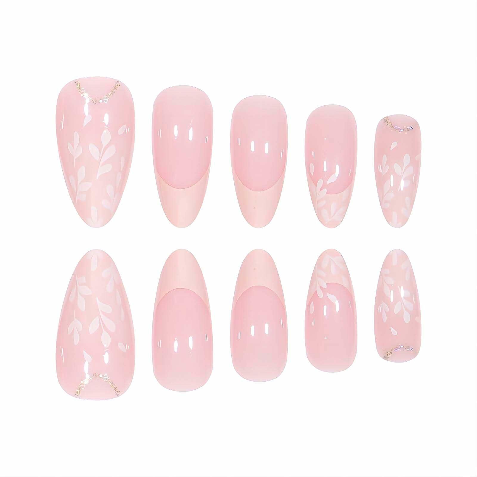 RUOKEXIN Pink Press On Nails Medium Almond French White Tip Glitter Leaves