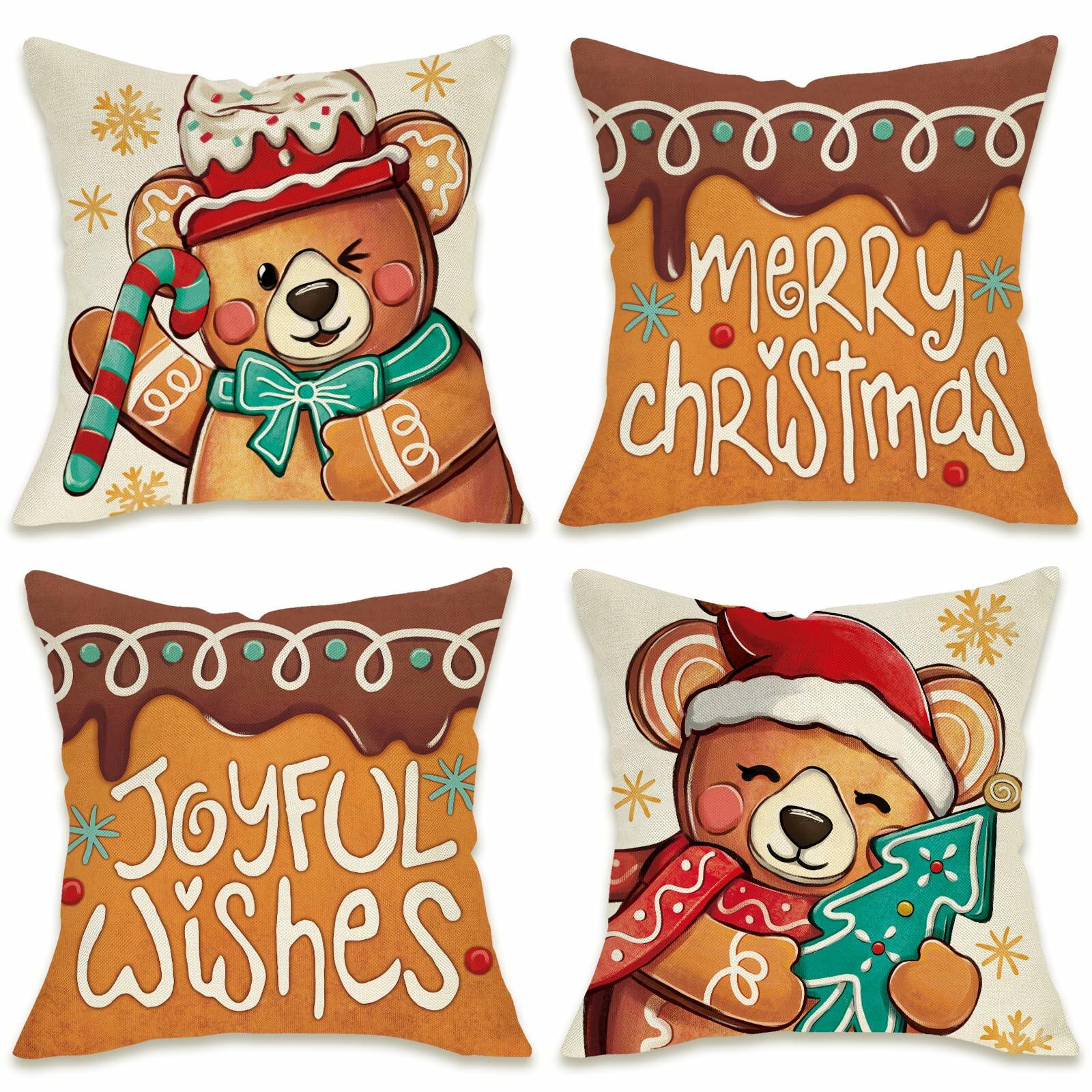 Fahrendom Christmas Bear Deer Throw Pillow Covers 18x18 Set of 4 Pink