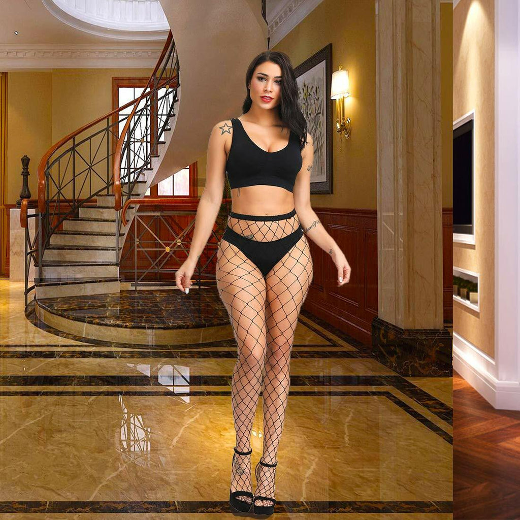 Fafulan Fishnet Stockings High Waist Sexy Tights Pantyhose Black Size 3XL