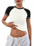 Women's Short Sleeve Crewneck Slim Fit White with Black Sleeve T Shirt Size XL