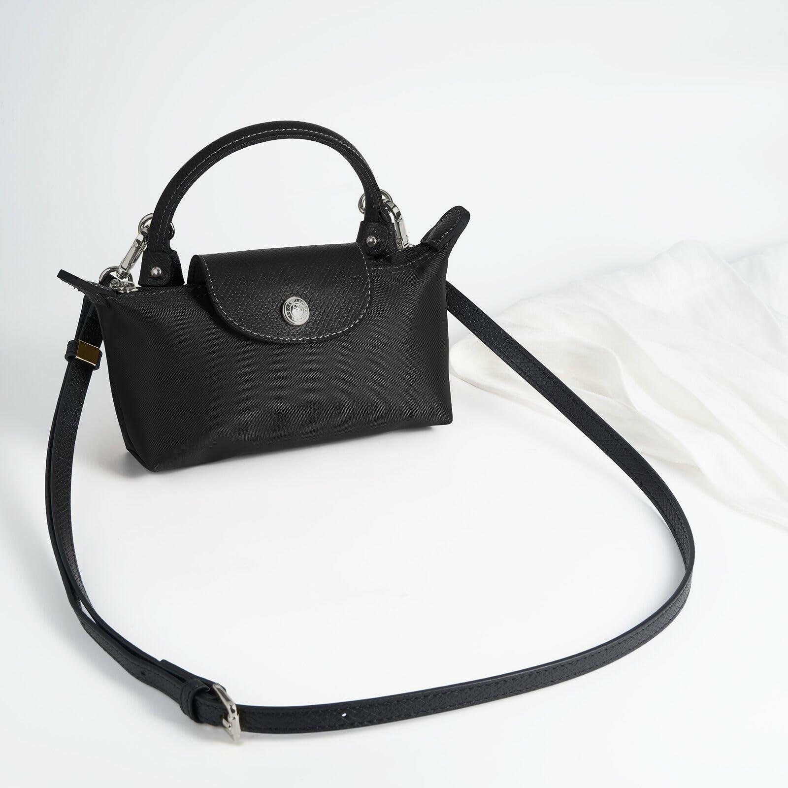 DEVPSISR Leather Adjustable Purse Strap for Longchamp Handbag Black Silver
