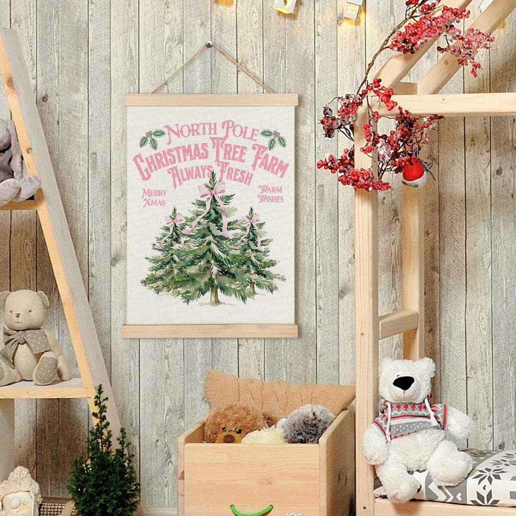 North Pole Village Christmas Wall Decor Pink Bows 12x16 Inch Farmhouse Art