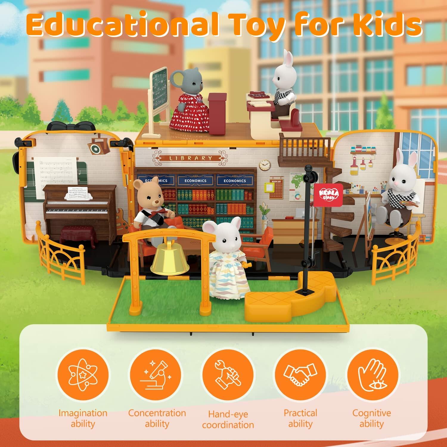 Kids Dollhouse Playset Portable School Bus with 46 Accessories Multicolor