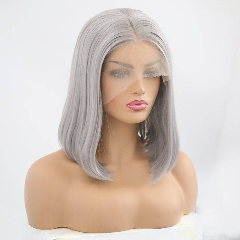 VIP Extensions Silver Grey Straight Bob Synthetic Lace Front Wig, 14", Color 0906 (33)
